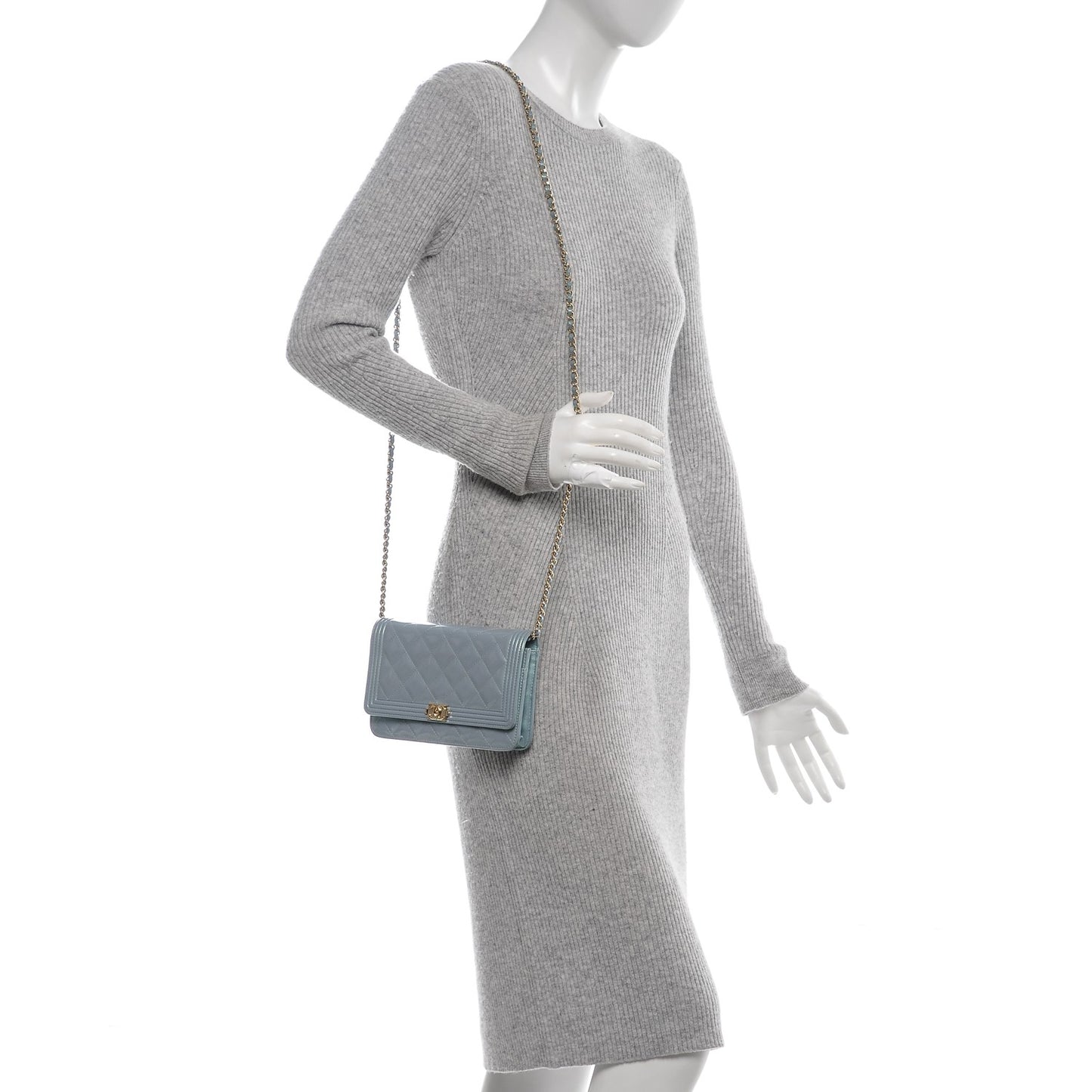 Patent Calfskin Quilted Boy Wallet On Chain WOC Light Blue