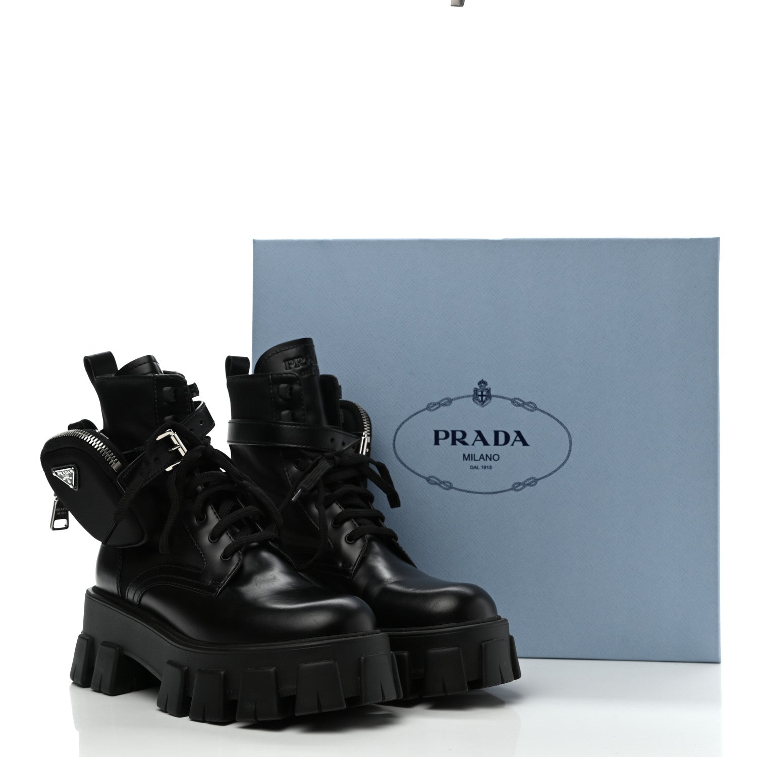 Prada Spazzolato Rois Nylon Metal Triangle Logo Monolith Pouch Pocket 55mm Boots 37 Black 9 of 9