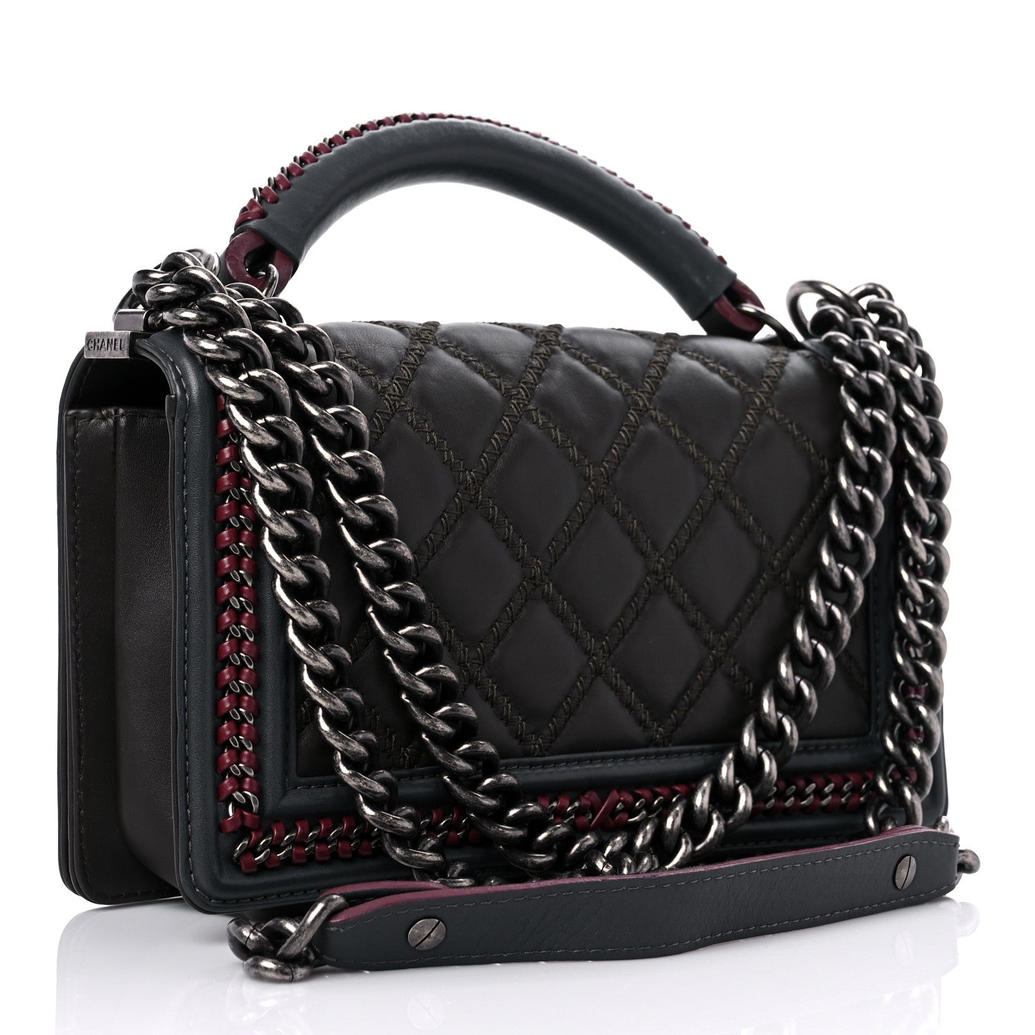 Chanel Calfskin Quilted Medium Boy Top Handle Flap Burgundy Black Blue 3 of 13