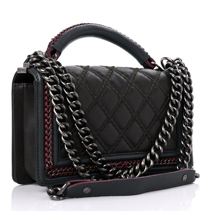 Chanel Calfskin Quilted Medium Boy Top Handle Flap Burgundy Black Blue 3 of 13