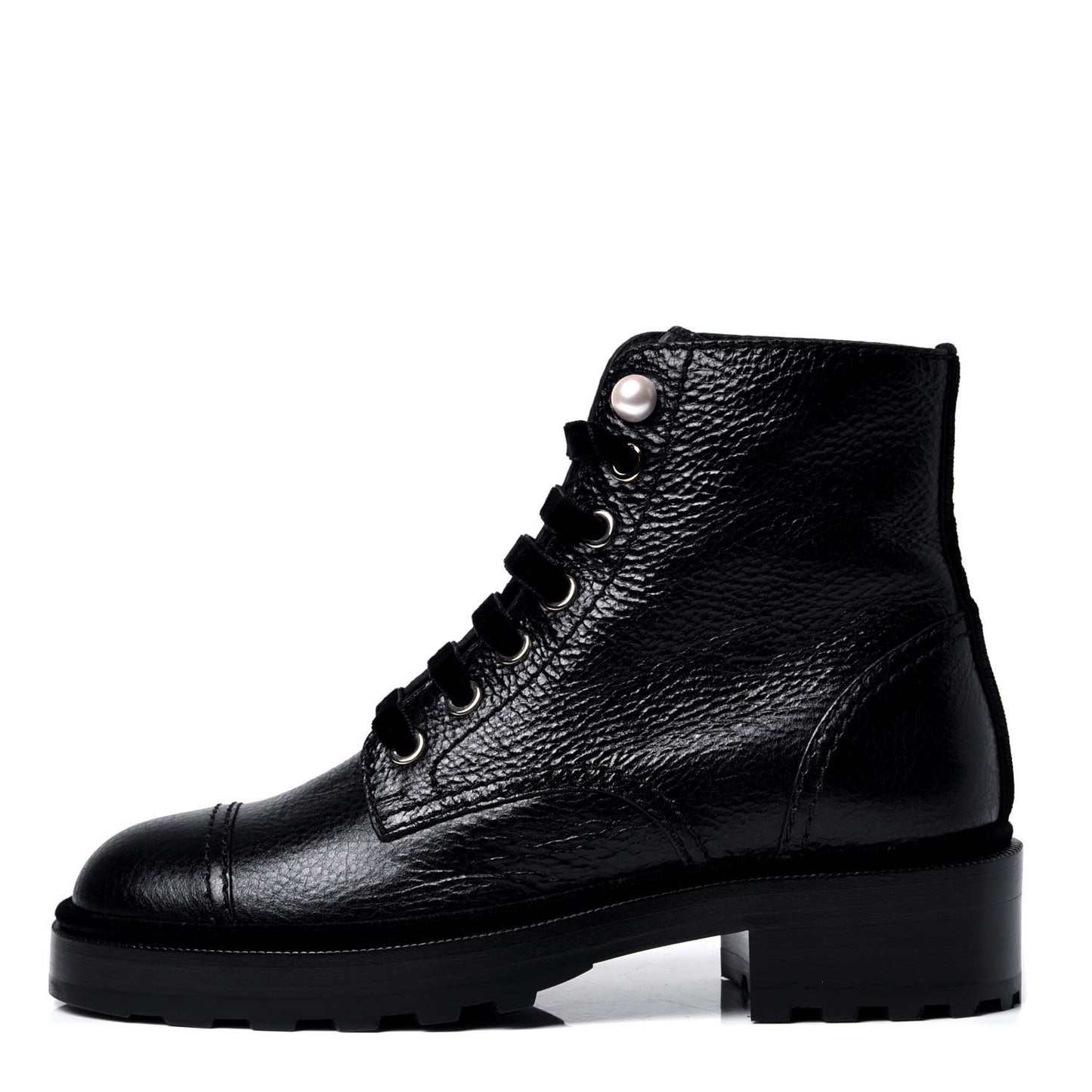 Calfskin Velvet Pearl Combat Short Boots 36 Black