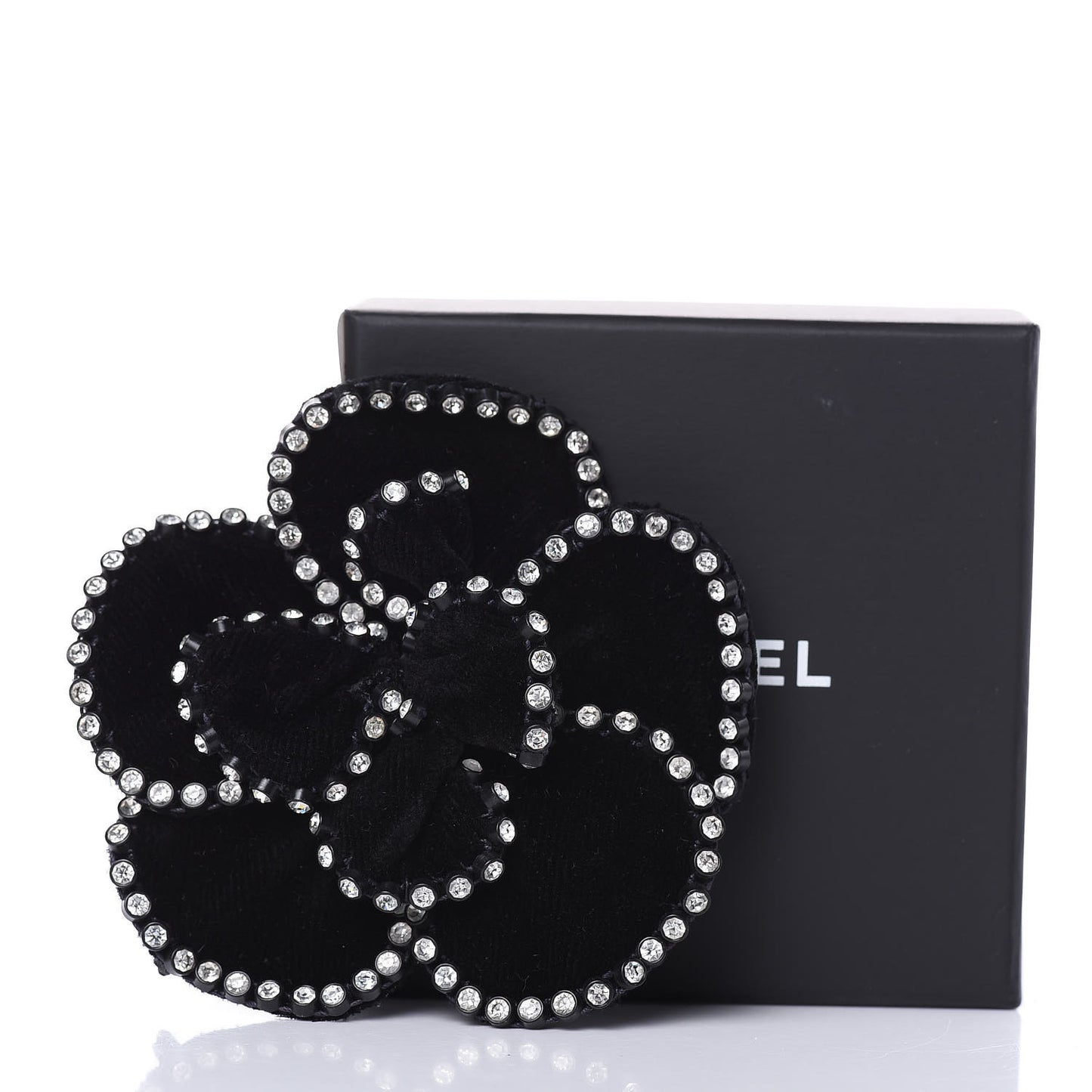 Velvet Crystal Camellia Brooch Black