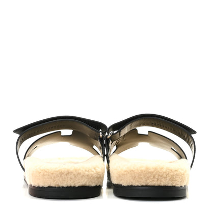 Hermes Veau Indios Woolskin Mens Chypre Sandals 43 Black Ecru 5 of 13