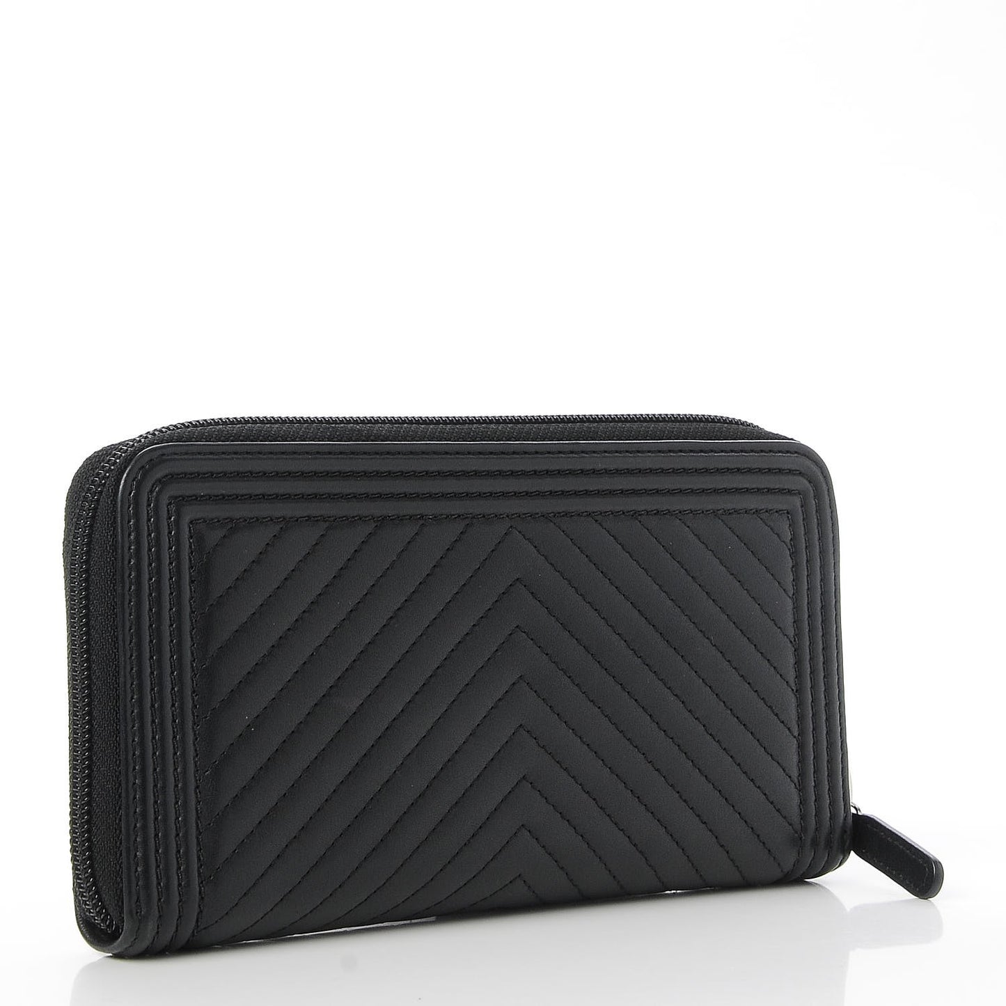 Calfskin Chevron Zip Around Boy Wallet Black