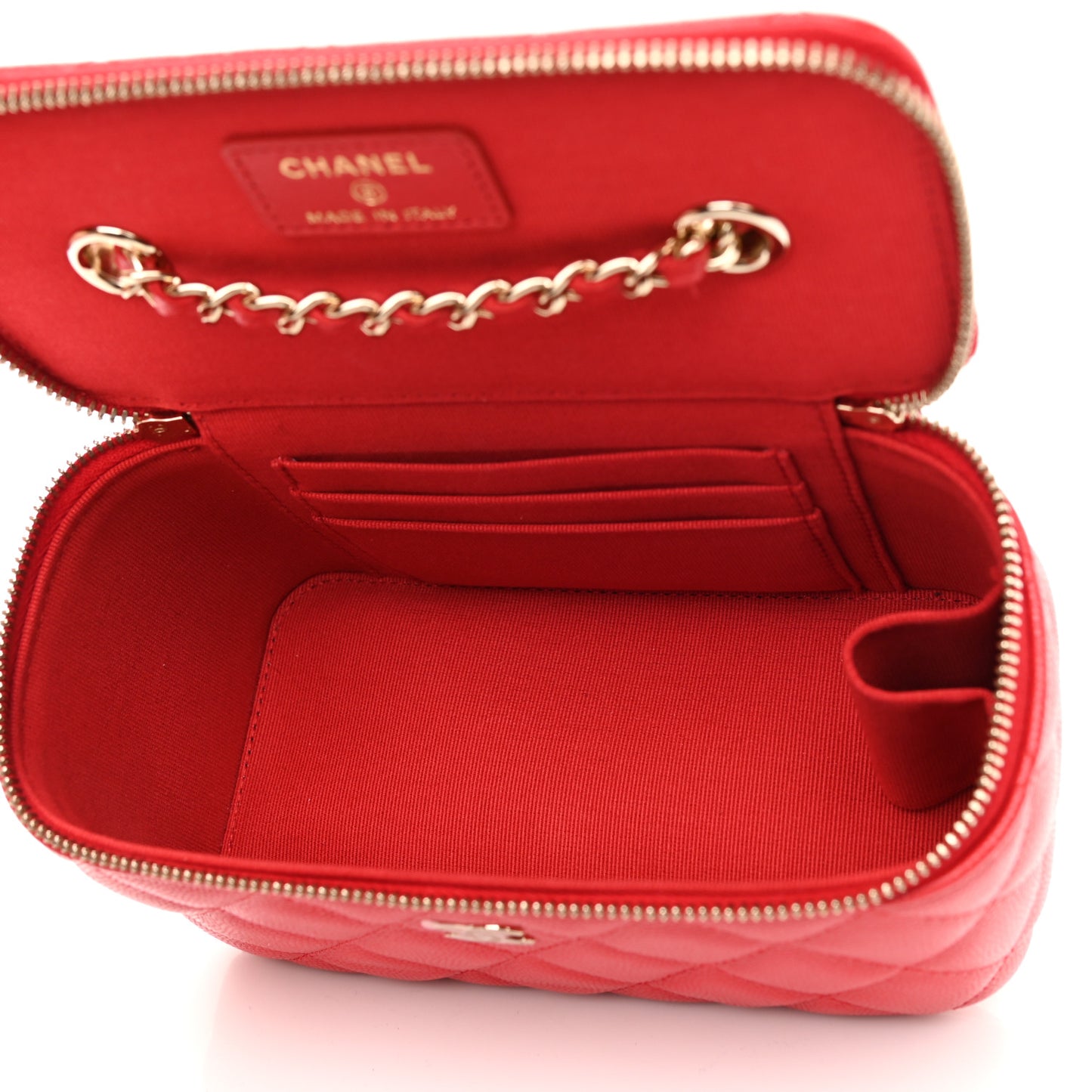 Caviar Quilted Small Vanity Case With Chain Red