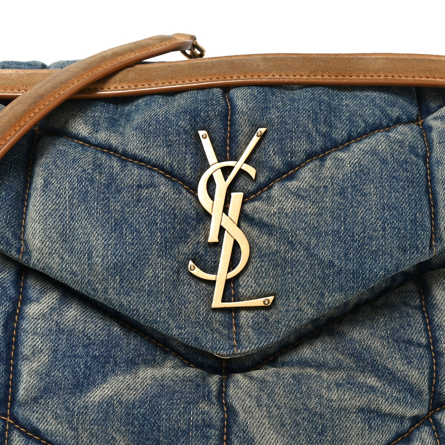 Denim Quilted Medium Loulou Puffer Monogram Chain Satchel Blue Cinnamon