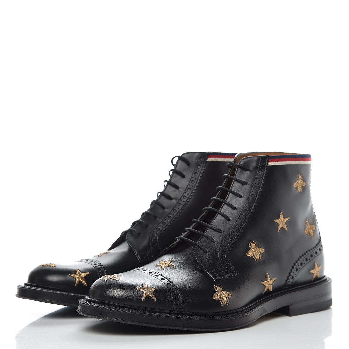 Calfskin Sylvie Web Bee Star Embroidered Mens Brogue Captoe Boots 7 Black