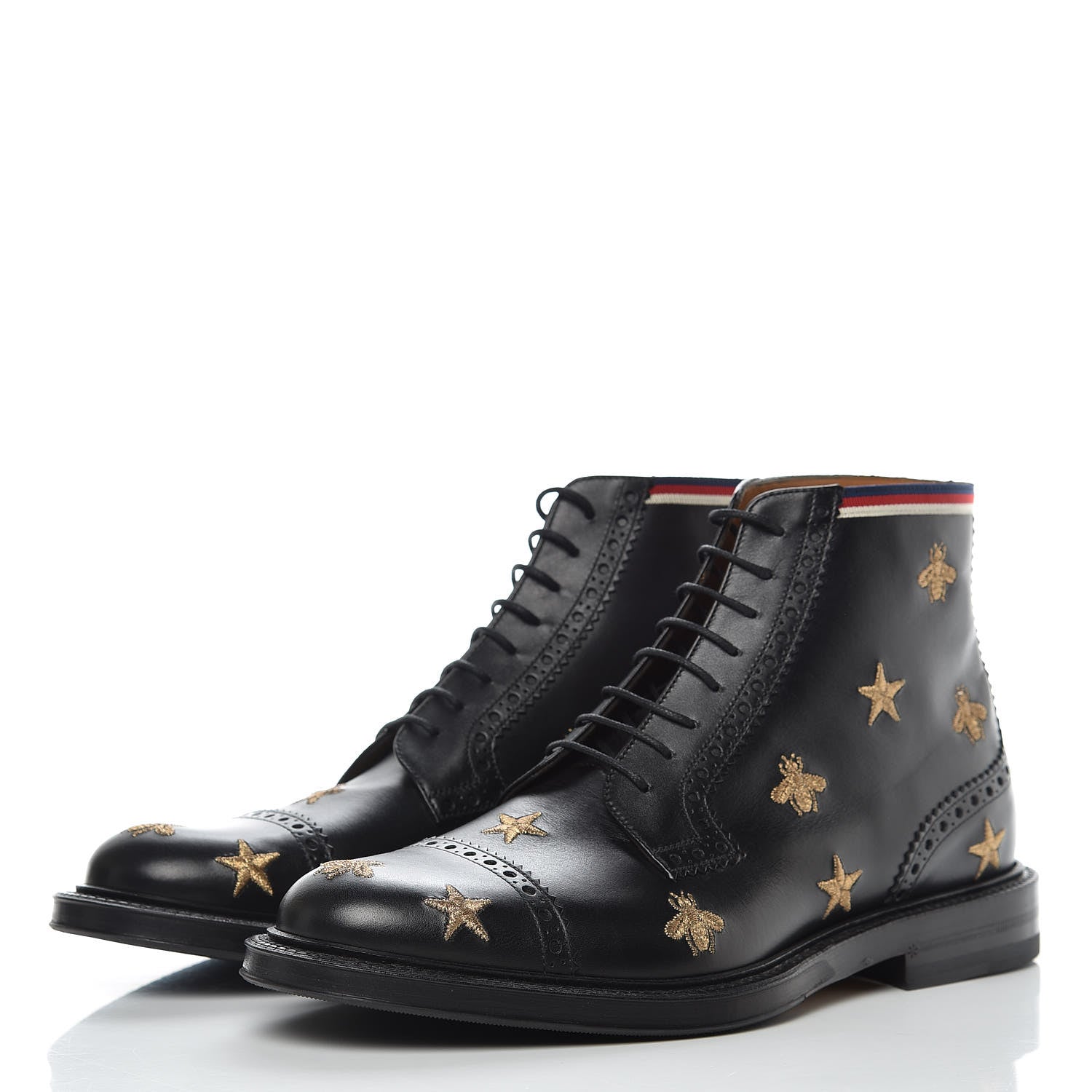 Gucci Calfskin Sylvie Web Bee Star Embroidered Mens Brogue Captoe Boots 7 Black 3 of 9