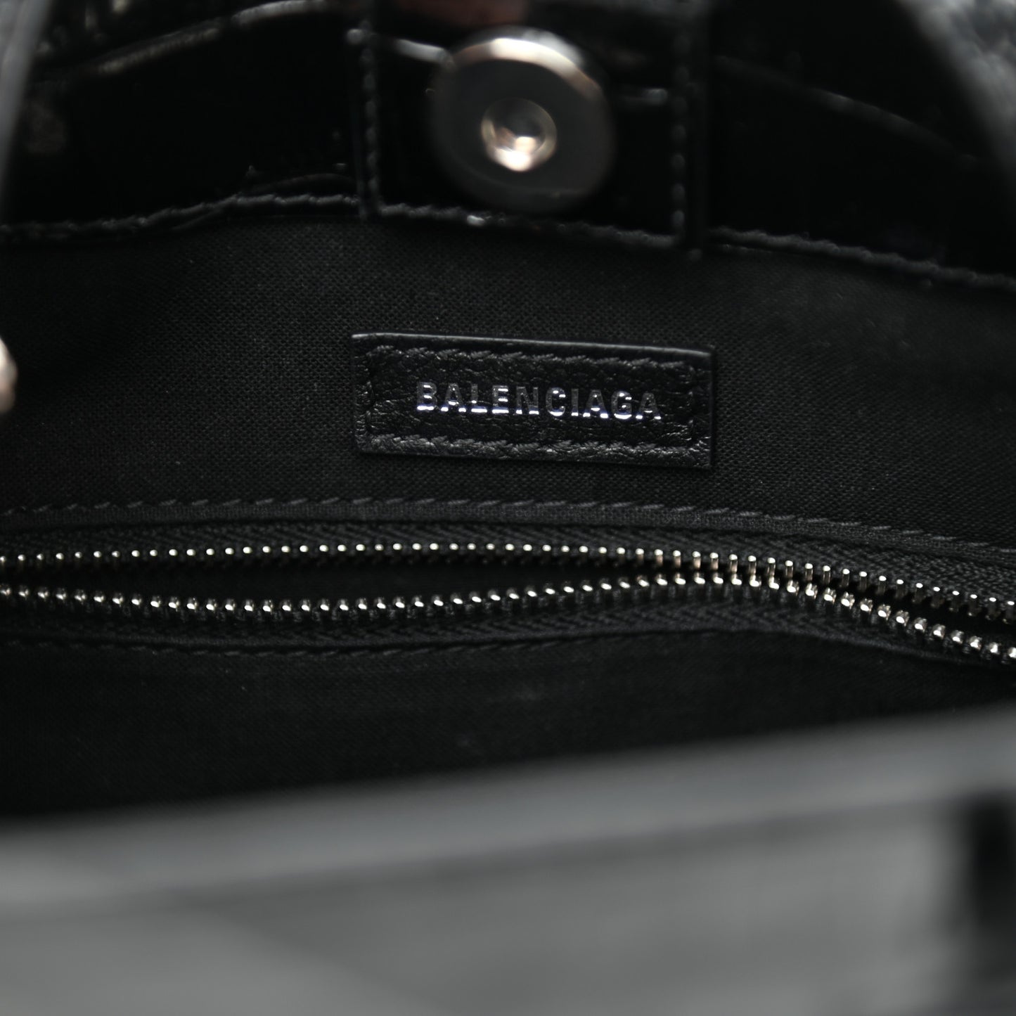 Shiny Calfskin Logo Crocodile Embossed North South Shopper Tote XXS Black White