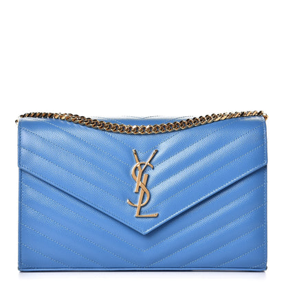 Saint Laurent Grain De Poudre Matelasse Chevron Monogram Chain Wallet Blue Clair 1 of 8