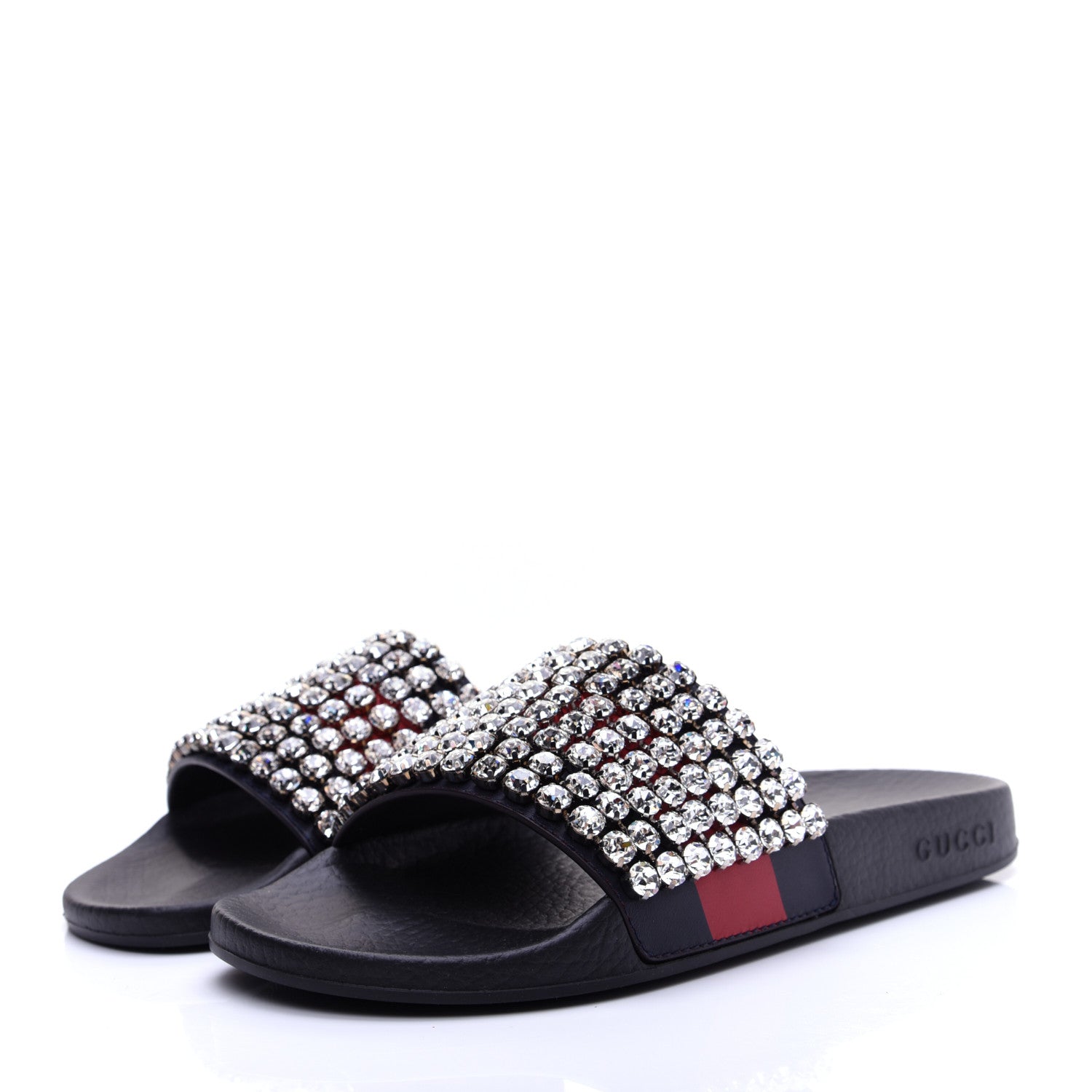 Gucci Calfskin Crystal Embellished Web Slide Sandals 38 Blue Red 4 of 12