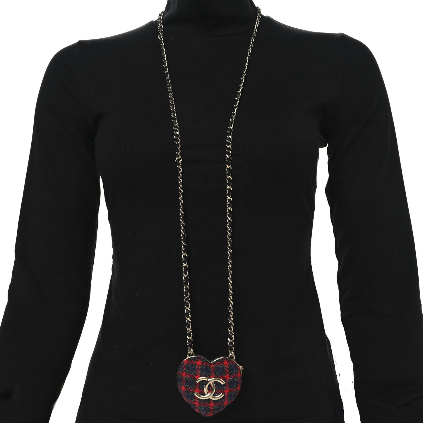 Tweed Lambskin CC Heart Locket Necklace Gold Grey Red Black