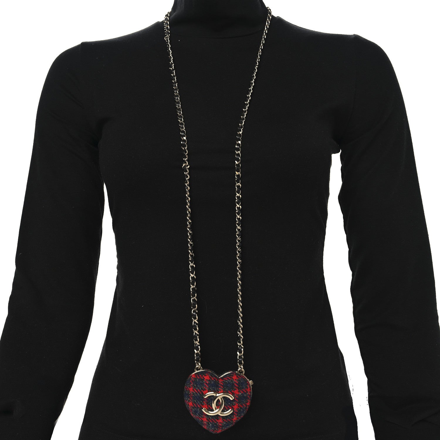 Chanel Tweed Lambskin CC Heart Locket Necklace Gold Grey Red Black 2 of 5