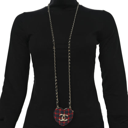 Chanel Tweed Lambskin CC Heart Locket Necklace Gold Grey Red Black 2 of 5