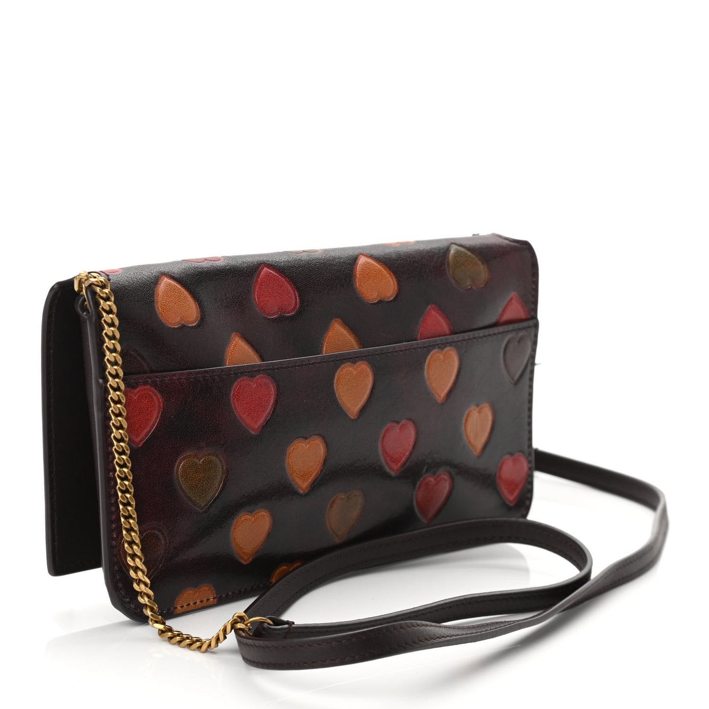 Lambskin Heart Embossed Monogram Chain Wallet Vintage Cognac