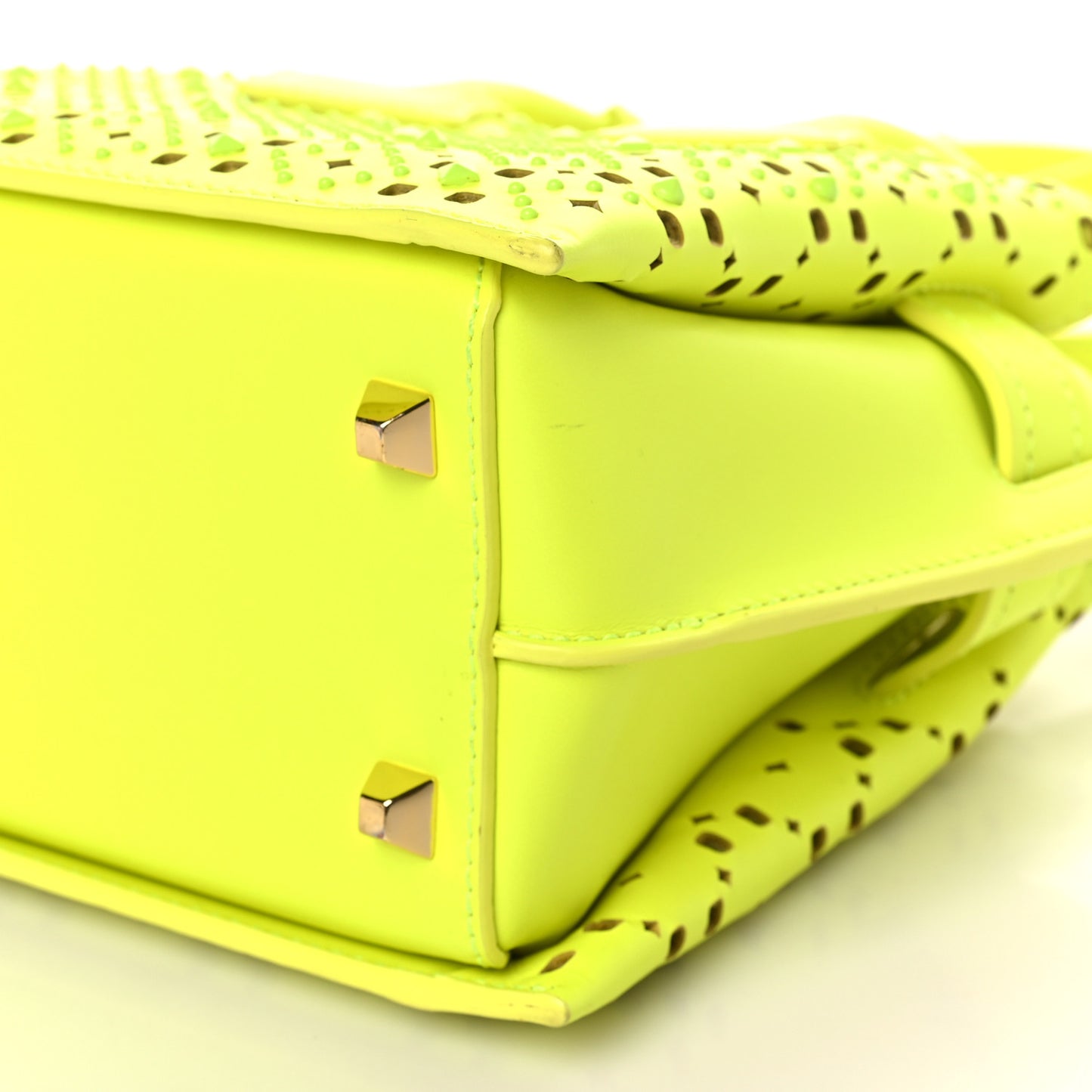 Perforated Calfskin Studded Mini Milla Tote Neon Yellow