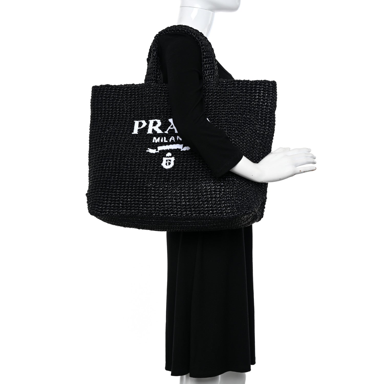 Prada Yarn Raffia Effect Crochet Large Logo Tote Black 2 of 10