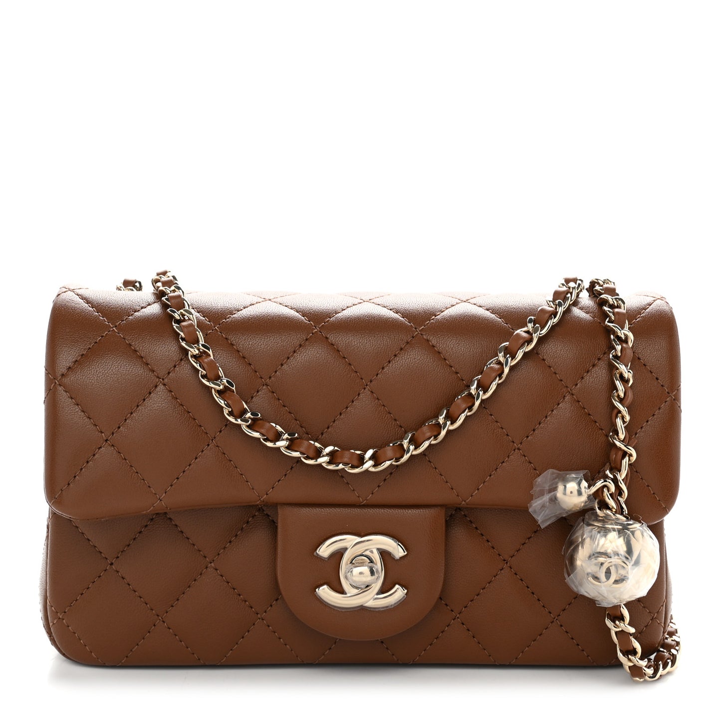 Lambskin Quilted Mini Rectangular Pearl Crush Flap Brown