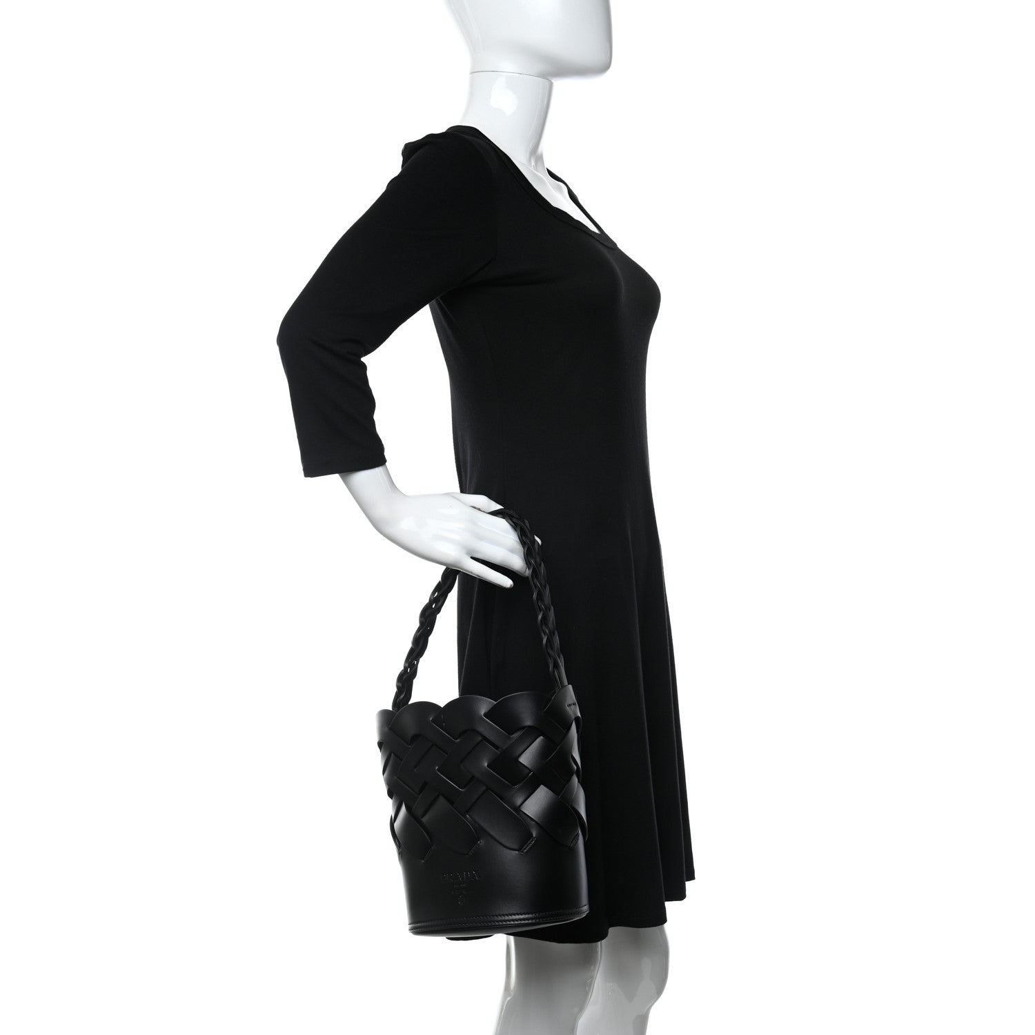 Prada Vitello Intreccio Bucket Bag Black 2 of 11