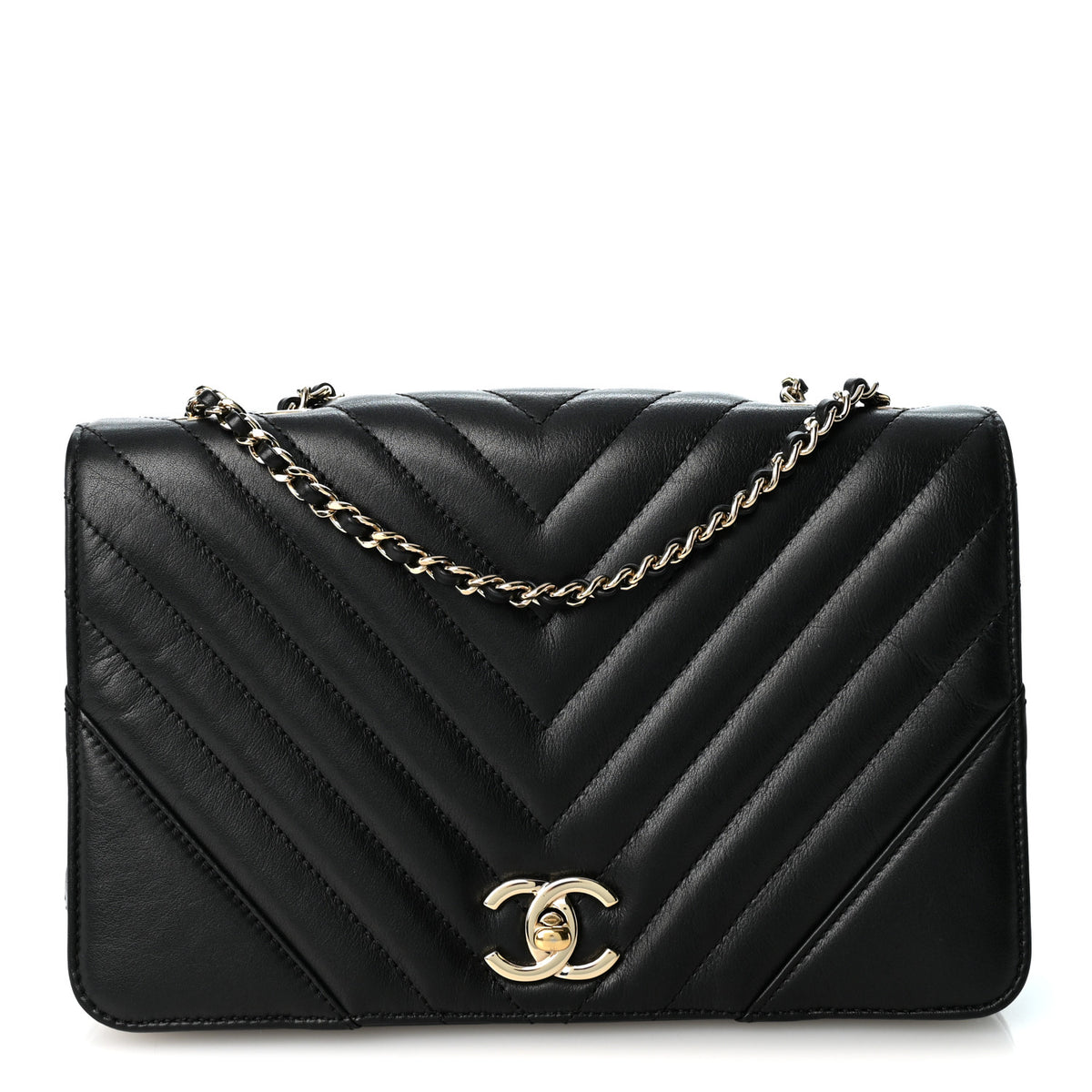 Calfskin Chevron Quilted Small Statement Flap Black