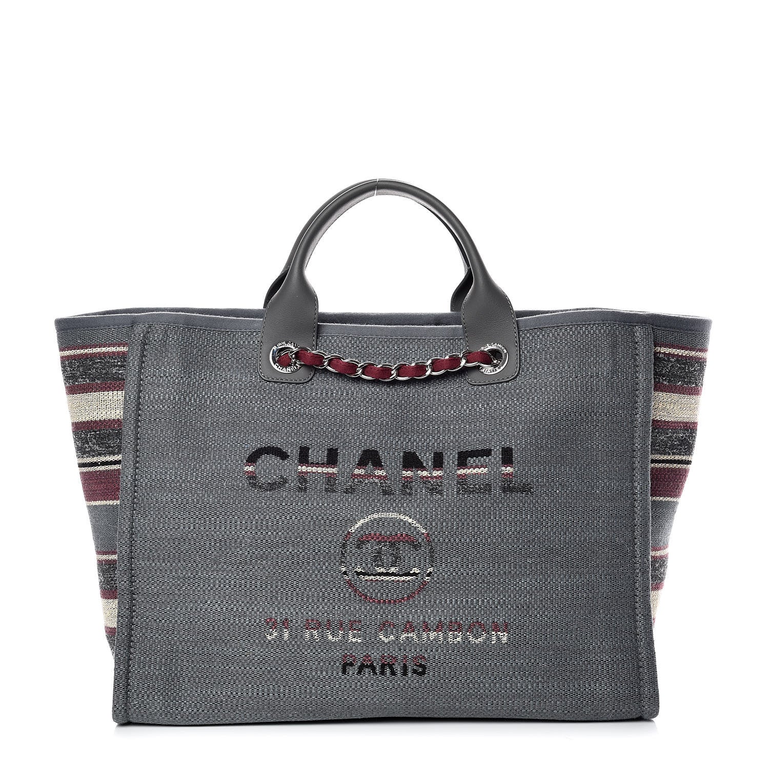 Chanel Striped Canvas Medium Deauville Tote Grey 1 of 12