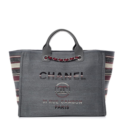 Chanel Striped Canvas Medium Deauville Tote Grey 1 of 12