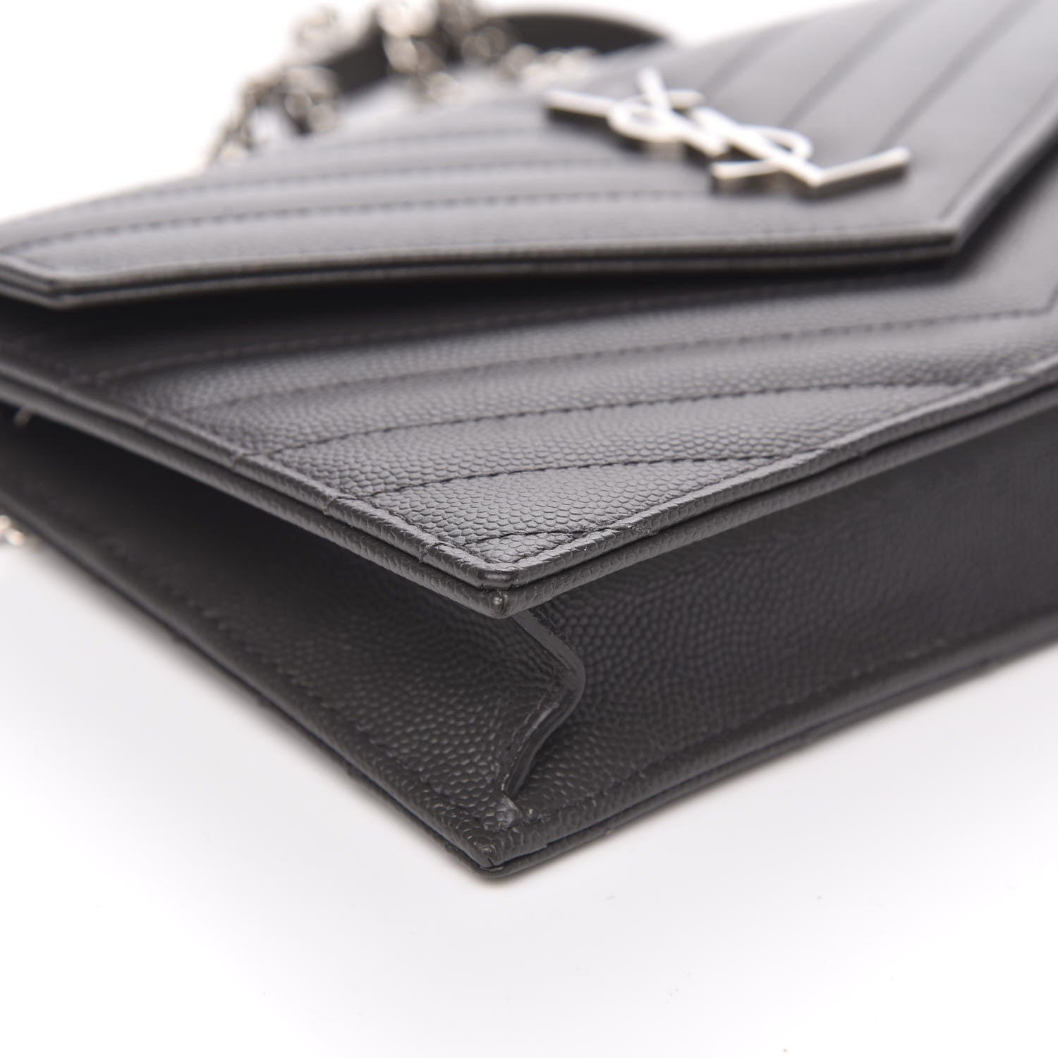 Saint Laurent Grain De Poudre Matelasse Chevron Monogram Envelope Chain Wallet Dark Smog 8 of 10
