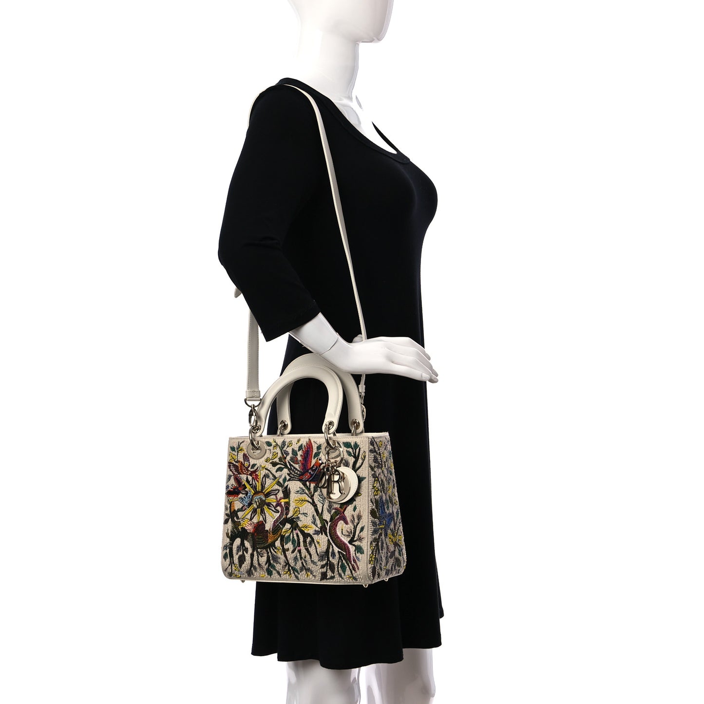 Calfskin Embroidered Medium Lady Dior White Multicolor