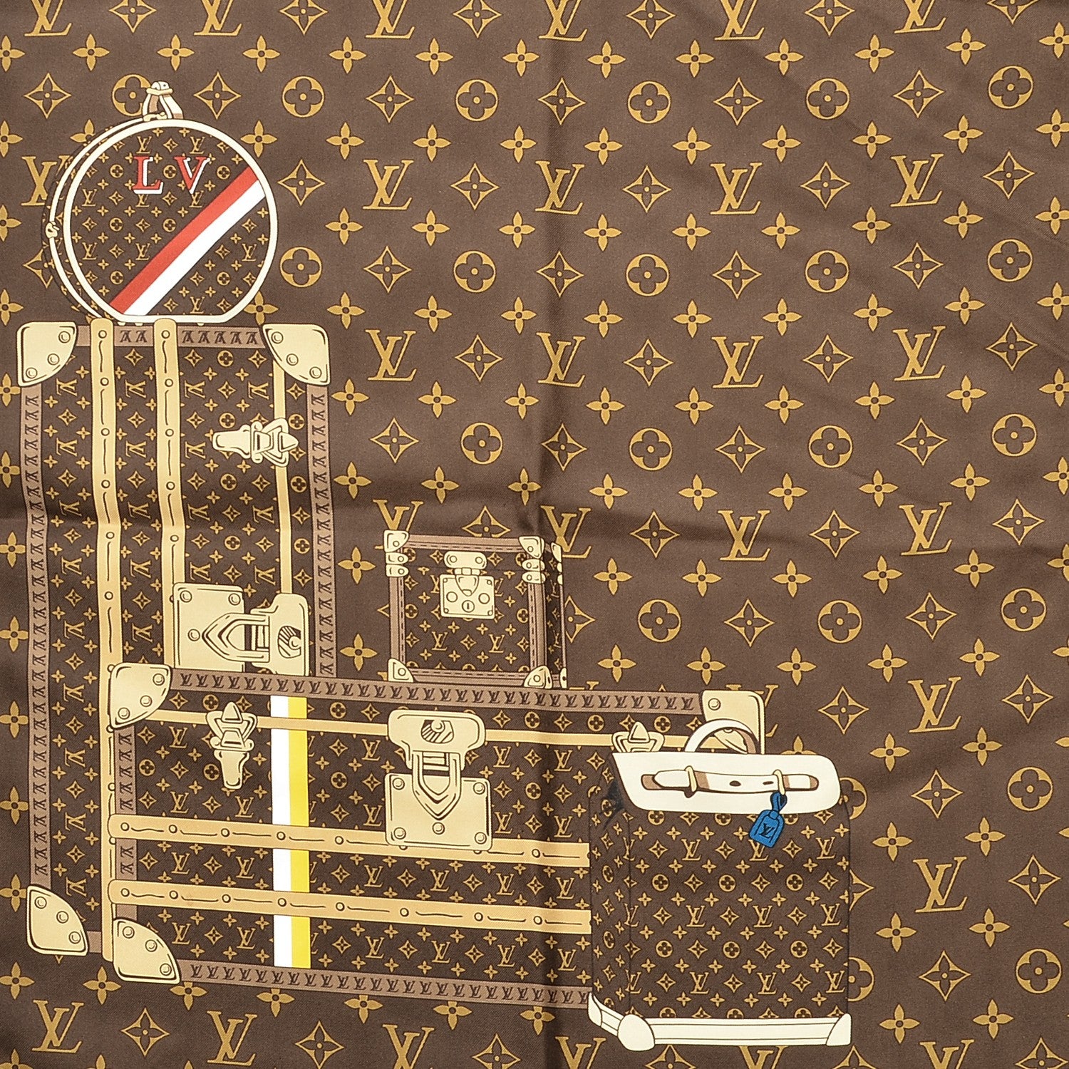 Louis Vuitton Silk Monogram Trunks Square Scarf Marroon 4 of 6