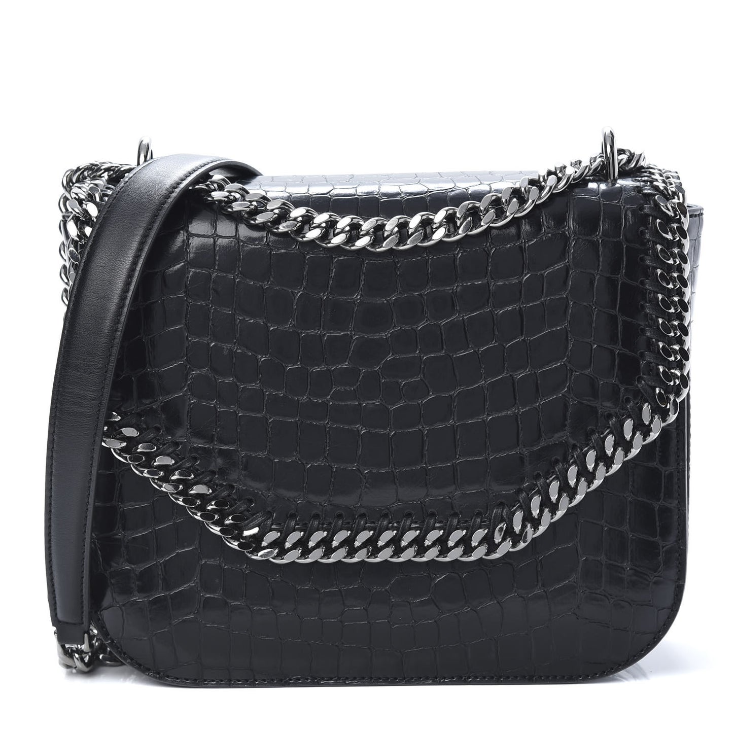 Embossed Crocodile Effect Medium Falabella Box Shoulder Bag Black