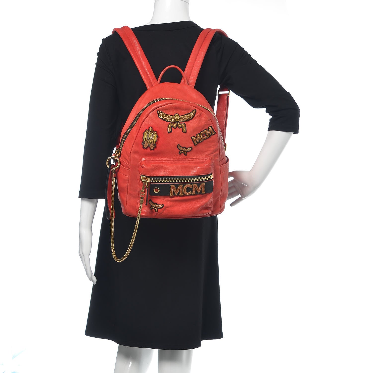 MCM Lambskin Fox Fur Small Stark Insignia Backpack Red 2 of 19