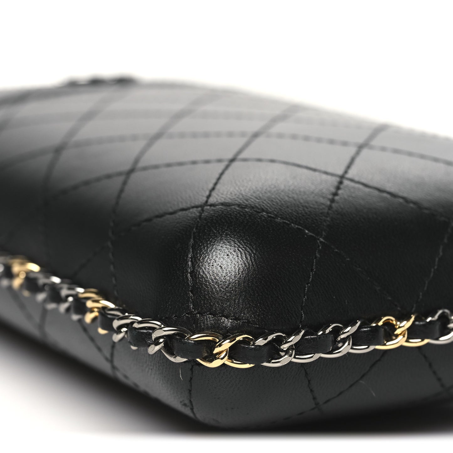 Lambskin Quilted Chain Around Phone Holder Black