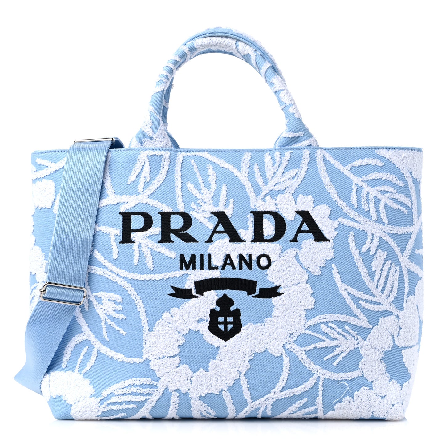 Nylon Embroidered Drill Shopping Tote Bag Sky Blue White
