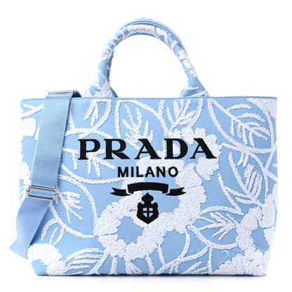 Prada Nylon Embroidered Drill Shopping Tote Bag Sky Blue White 1 of 8