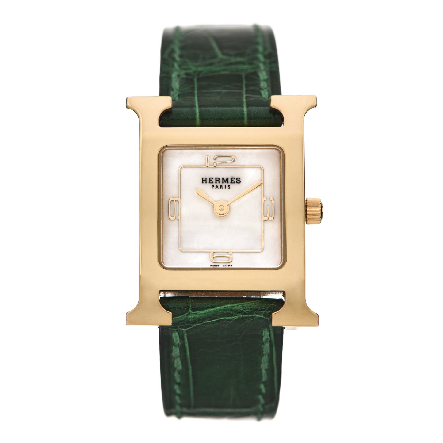 Stainless Steel Alligator Mother of Pearl 21mm Heure H Hour Quartz Watch Vert Moyen