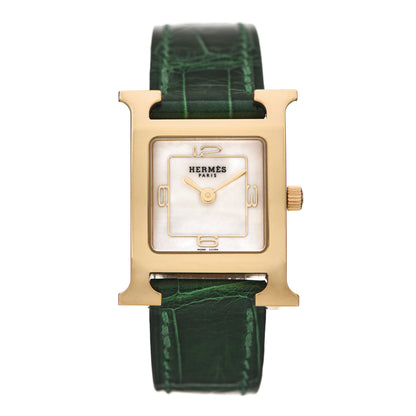 Hermes Stainless Steel Alligator Mother of Pearl 21mm Heure H Hour Quartz Watch Vert Moyen 1 of 4