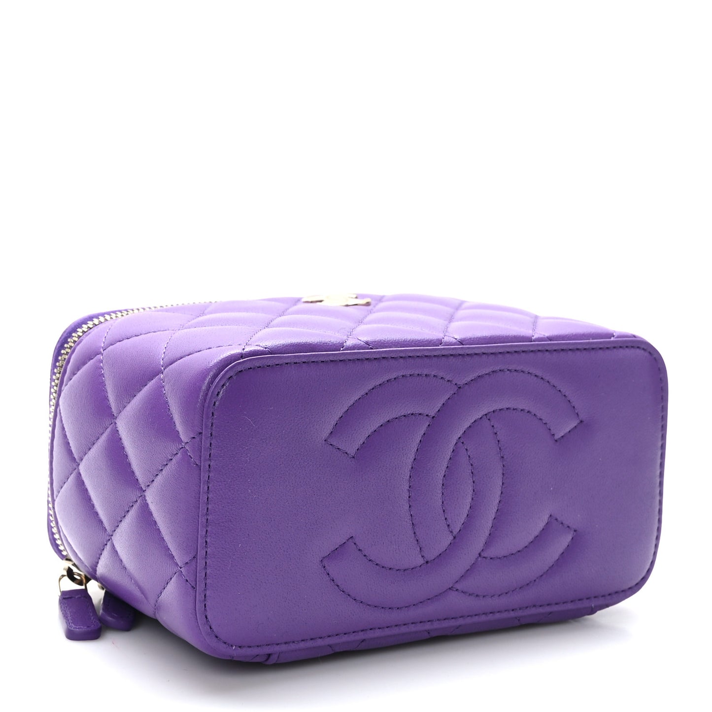 Lambskin Quilted Small Top Handle Vanity Case With Chain Purple