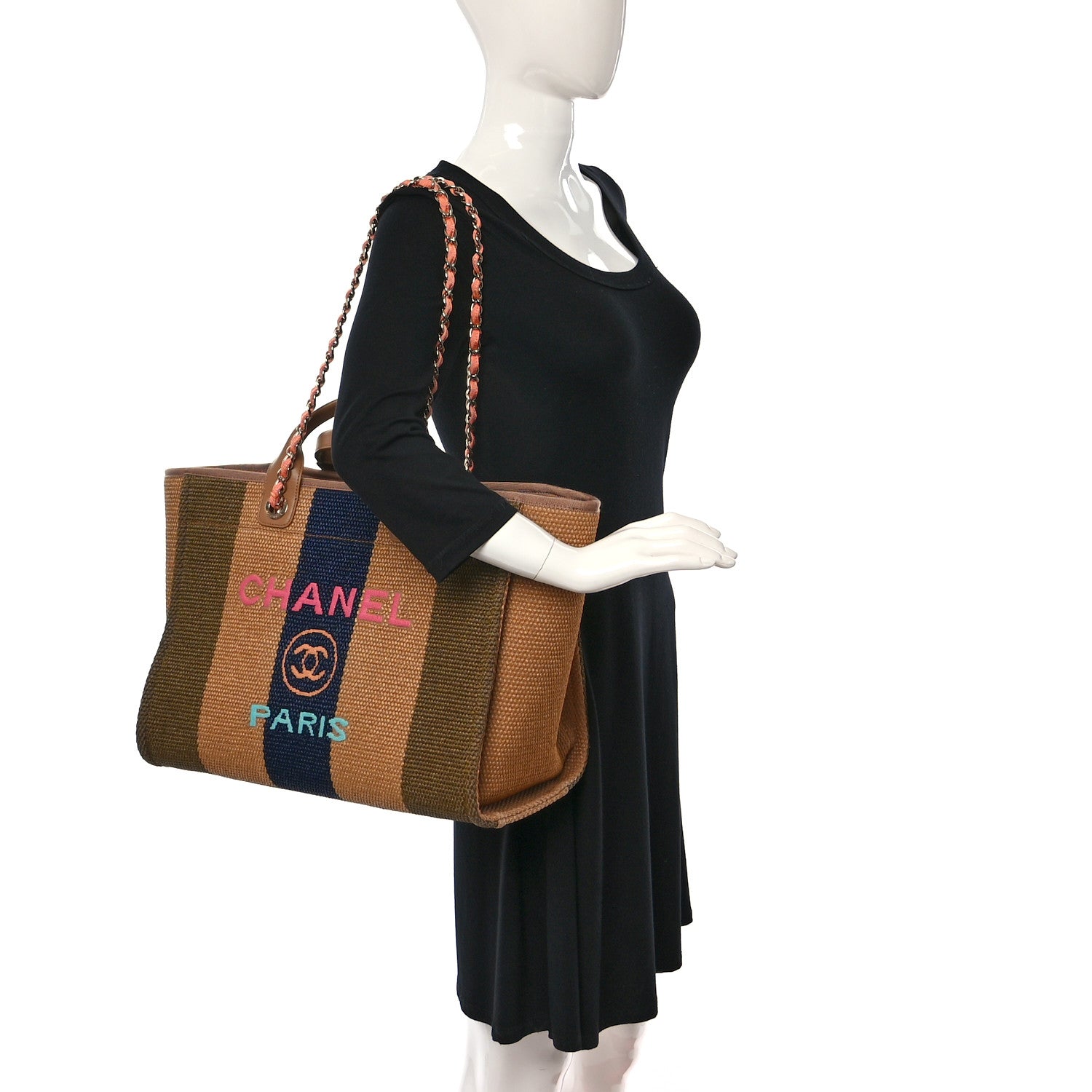 Chanel Straw Raffia Calfskin Striped Medium Deauville Tote Khaki Beige Navy Blue 2 of 9