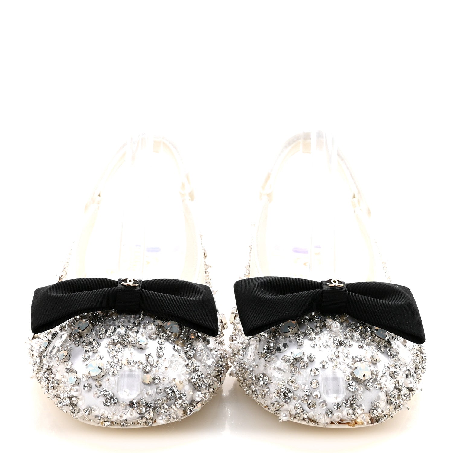 Chanel Satin Crystal Lambskin Grosgrain Bow CC Slingback Flats 38.5 White Black 3 of 10