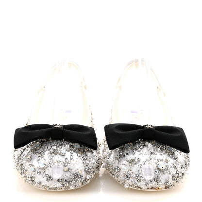 Chanel Satin Crystal Lambskin Grosgrain Bow CC Slingback Flats 38.5 White Black 3 of 10