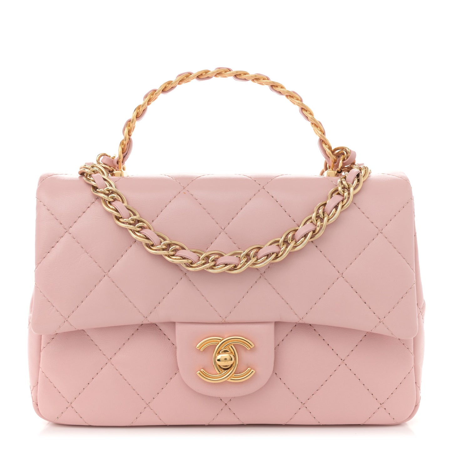 Shiny Lambskin Quilted Golden Links Top Handle Flap Light Pink