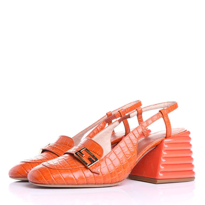 Fendi Calfskin Crocodile Embossed Promenade Slingback Loafer Pumps 37.5 Rust 2 of 10