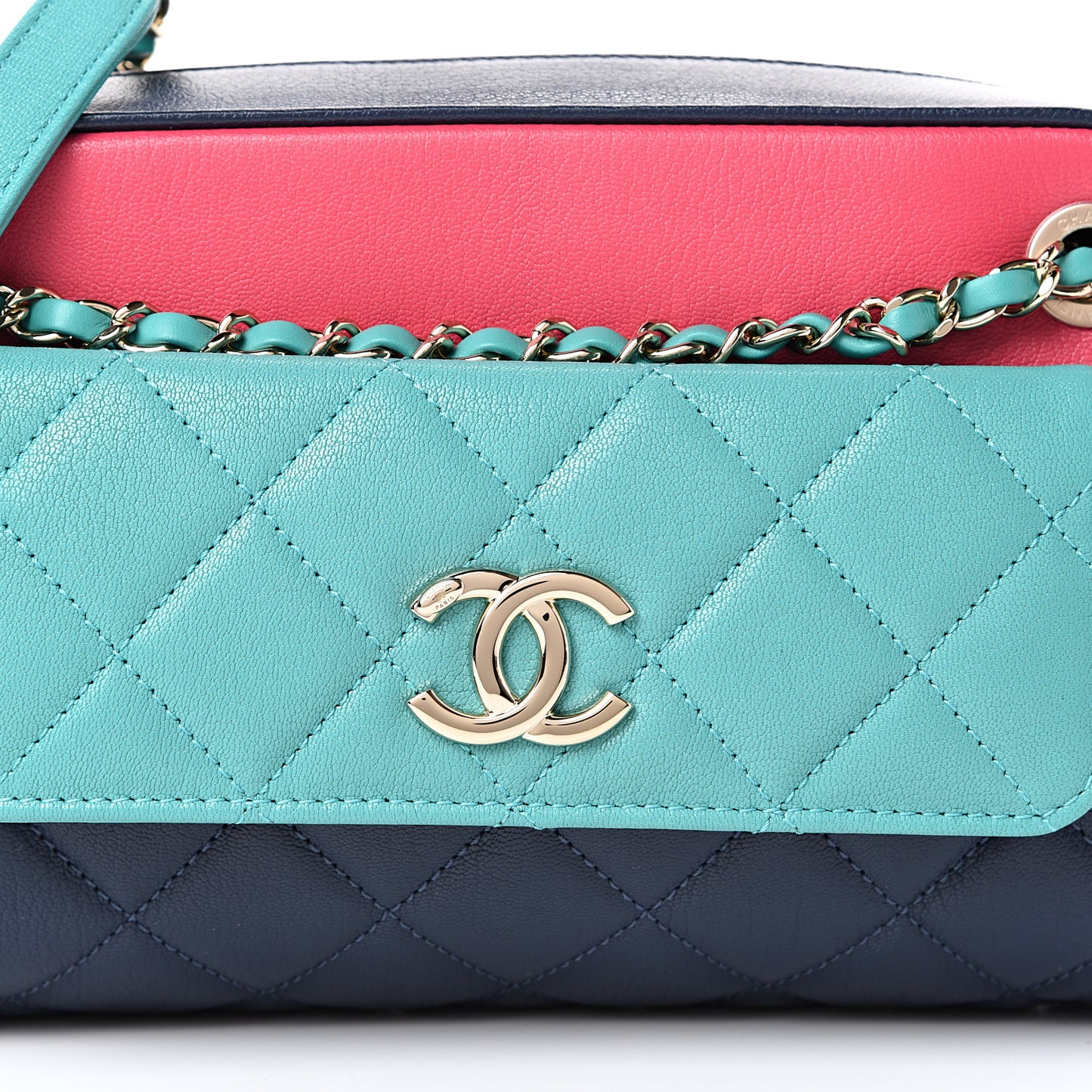 Goatskin Quilted Tri-Color Small In & Out Camera Case Navy Turquoise Pink