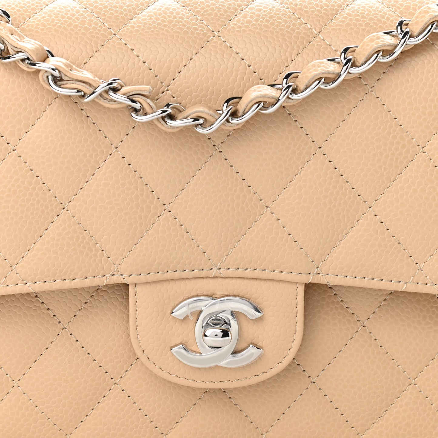 Caviar Quilted Medium Double Flap Beige