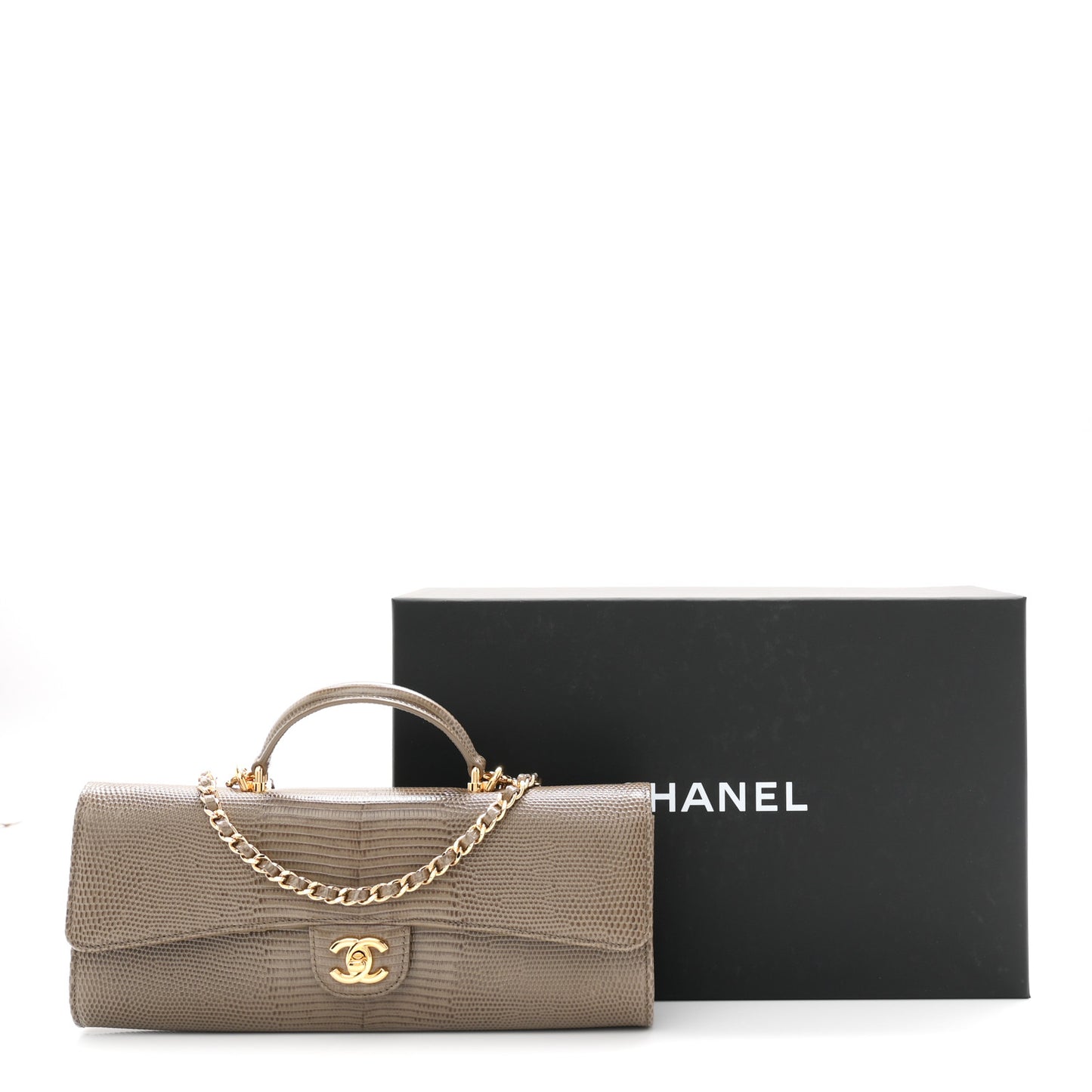 Calfskin Lizard Embossed Clutch With Chain Dark Khaki