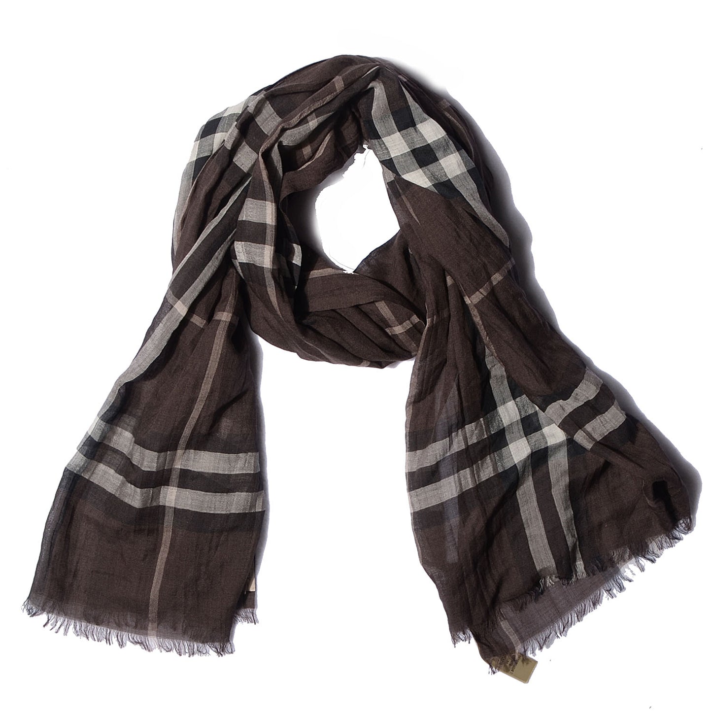 Wool Silk Giant Check Gauze Scarf Brown