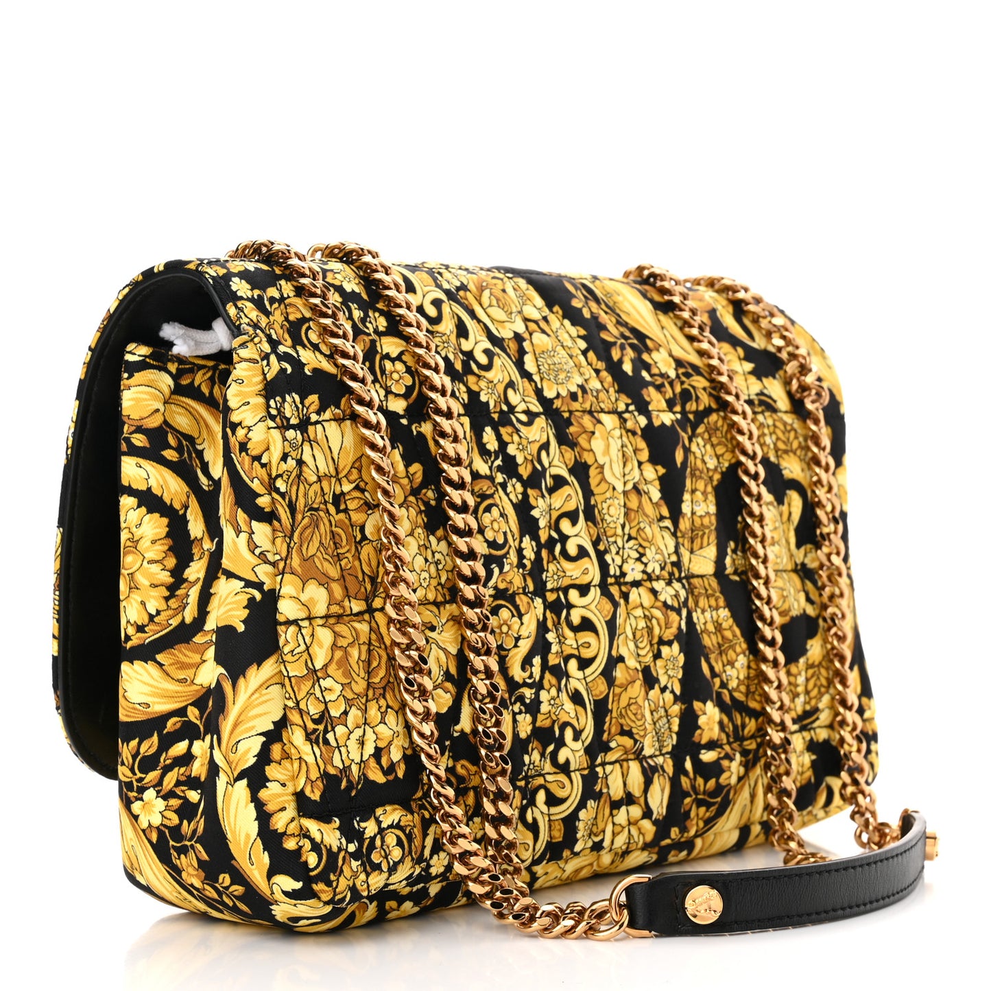 Silk Barocco Printed Quilted Virtus V Chain Flap Shoulder Bag Black Gold