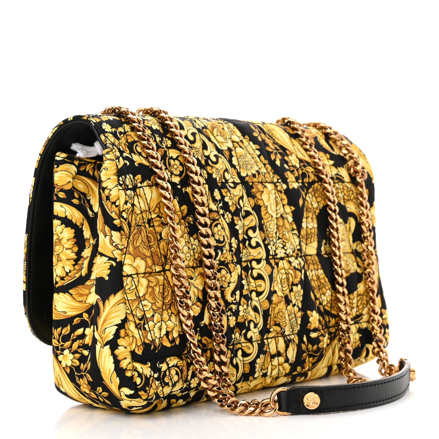 Versace Silk Barocco Printed Quilted Virtus V Chain Flap Shoulder Bag Black Gold 3 of 9