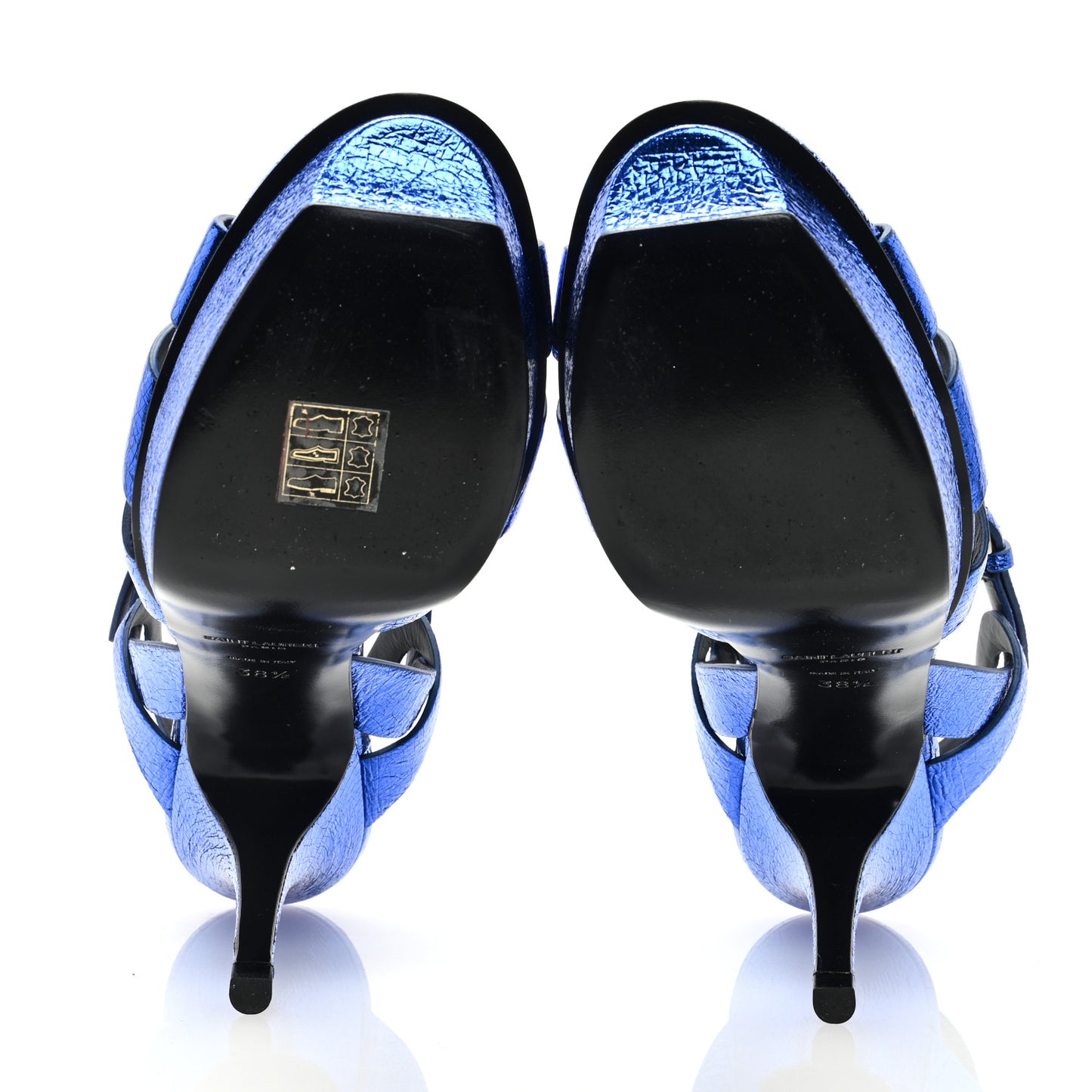 Metallic Crackled Calfskin Tribute 75 Platform Sandals 38.5 Blue