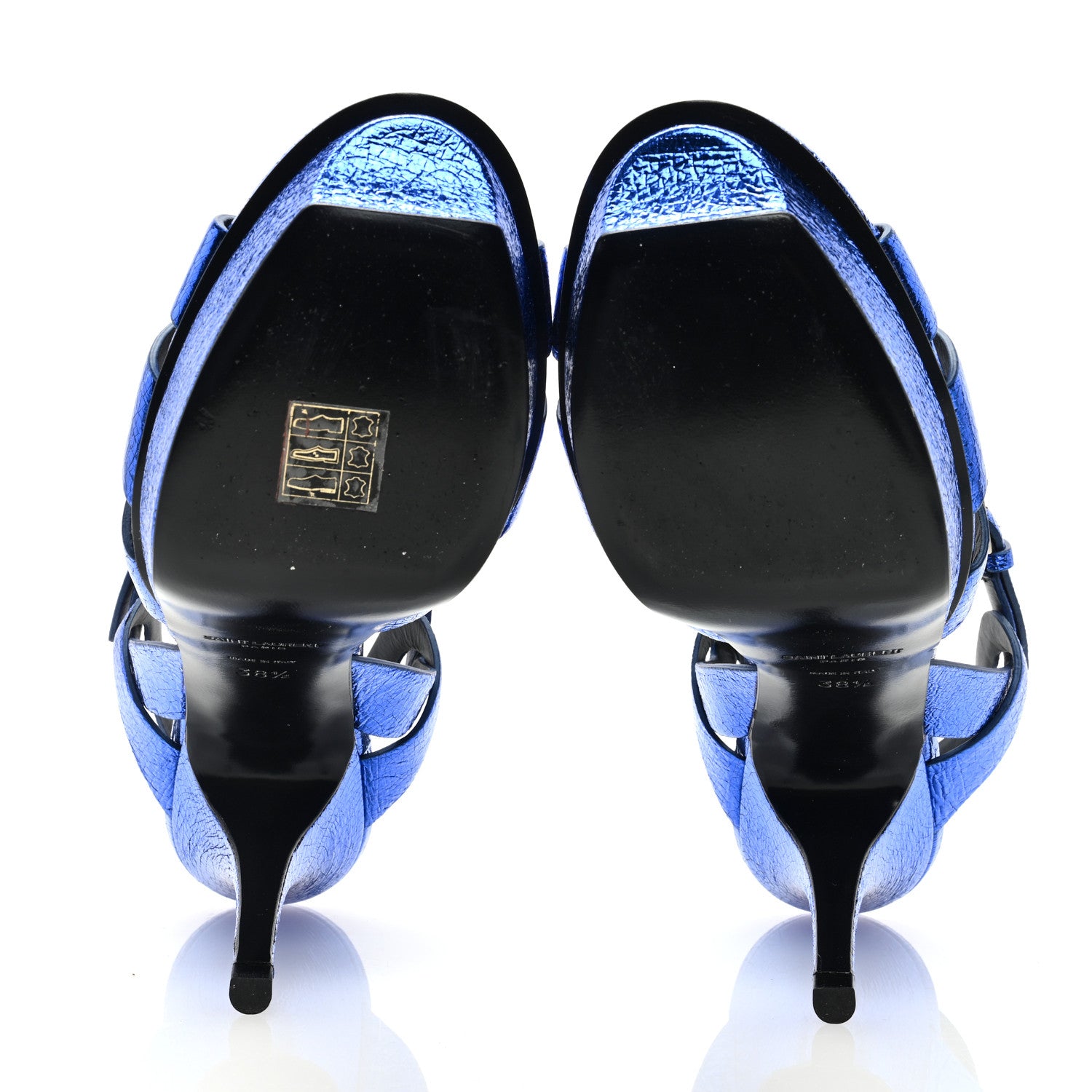 Saint Laurent Metallic Crackled Calfskin Tribute 75 Platform Sandals 38.5 Blue 5 of 9
